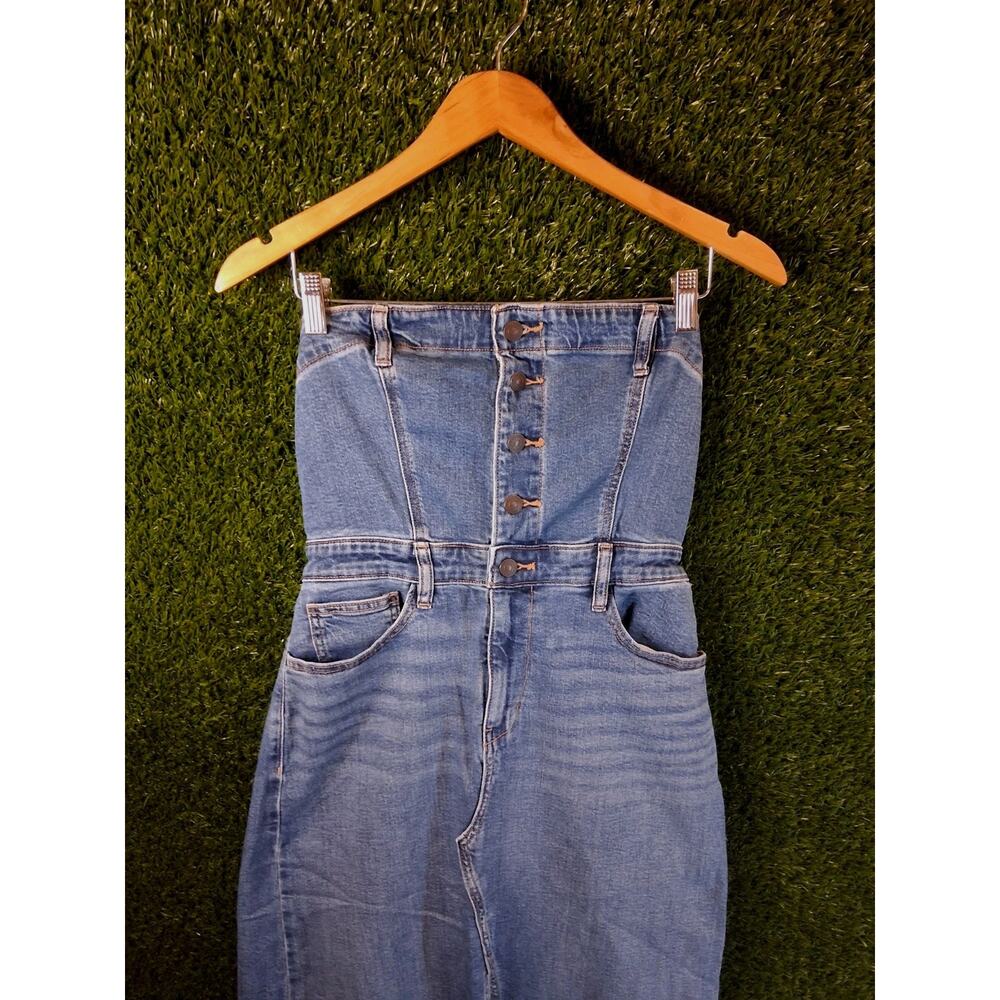 American Eagle Denim Tube Top Midi Dress Size 6 Blue Stretch Button Front Slit - Picture 3 of 11